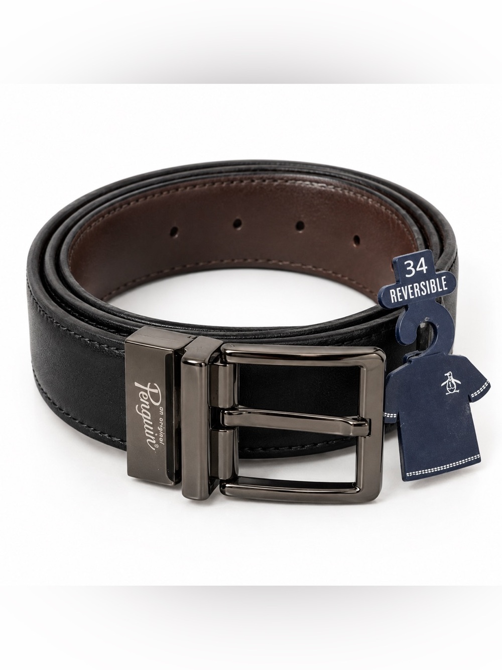 Original Penguin Men’s Reversible Leather Belt Size 34 Black Brown NWT
